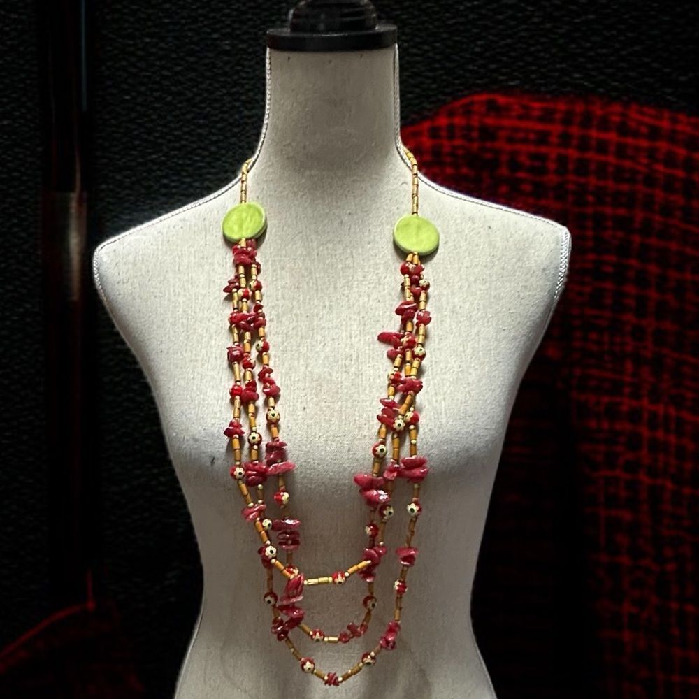 Vintage Red Coral & Millefiori Multi Strand Beaded Necklace Extra Long